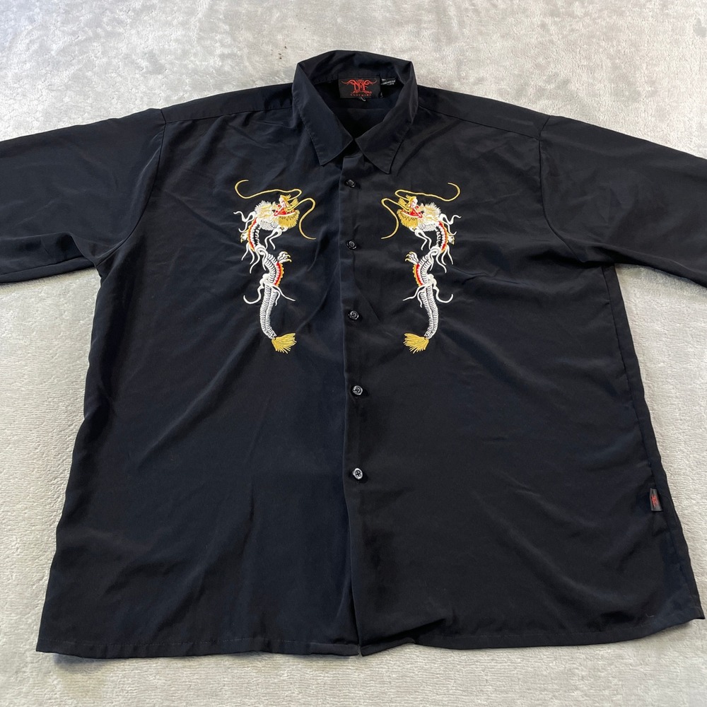 Vintage DMF Clothing Shirt Mens XXL Black Embroidered‎ Dragon Button Up Y2K 90s